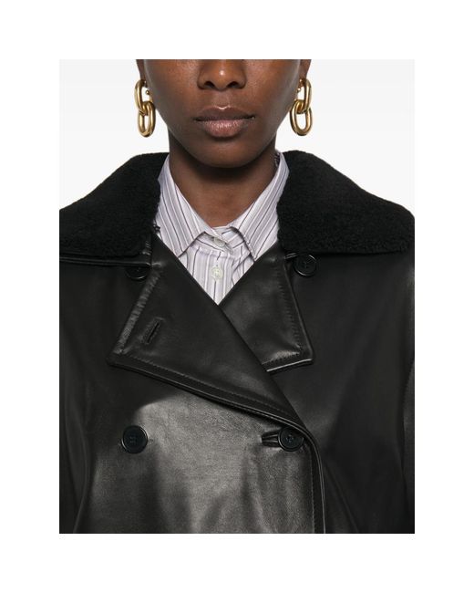 SANTORO Black Shearling-Collar Double-Breasted Jacket