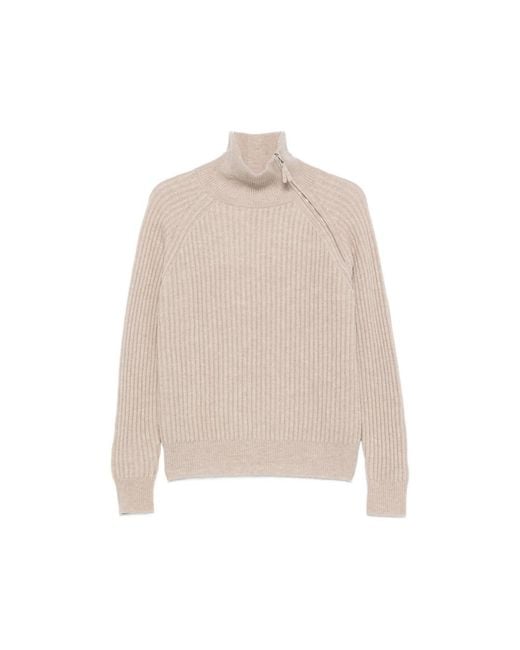Allude Natural Ribbed Zip-Neck Sweater