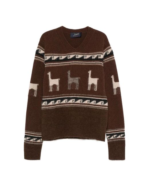 Seafarer Brown Llama-Pattern V-Neck Sweater