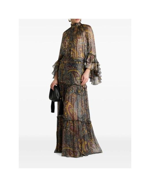 Etro Brown Silk Shirt With Ruffle And Striped Floral Paisley Motif