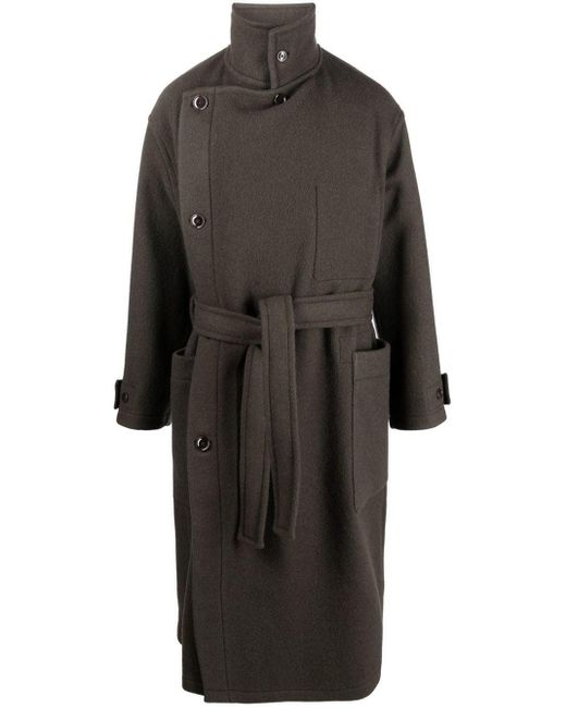 Lemaire Black Belted Wool Wrap Coat for men