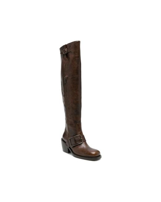 Dries Van Noten Brown Buckle-Detail Pebbled Leather Boots