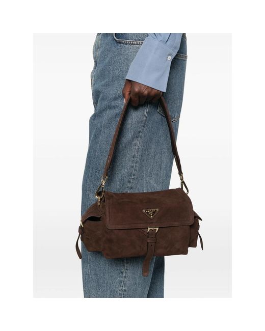 Prada Brown Explore Medium Suede Shoulder Bag With Flap