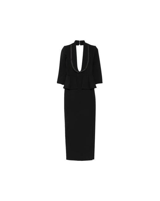 Elisabetta Franchi Black Peplum-Waist Shawl-Lapel Dress