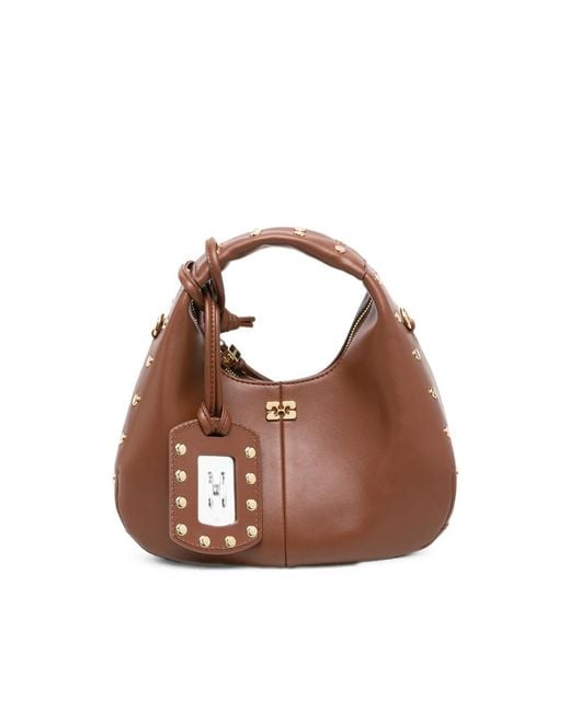 Ganni Brown Mini Hobo Stud-Embellished Totebag