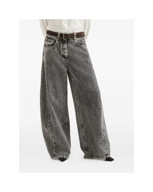 Brunello Cucinelli Gray Prince Of Wales Denim Wide Trousers With Monili