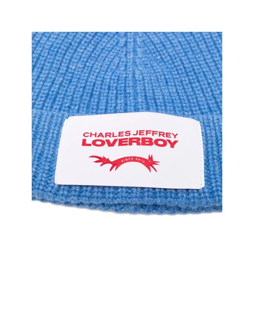 Charles Jeffrey Blue Chunky Logo-Patch Beanie Hat for men