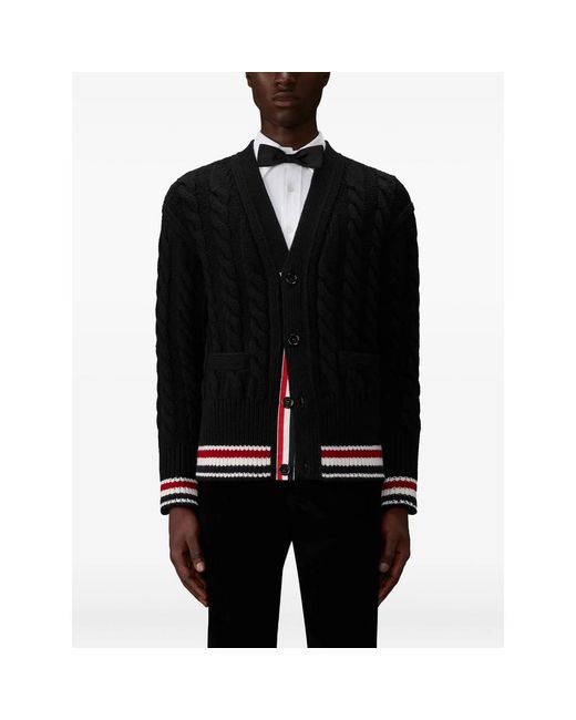 Thom Browne Black Classic Cable Knit Cardigan With Tricolor Accents for men