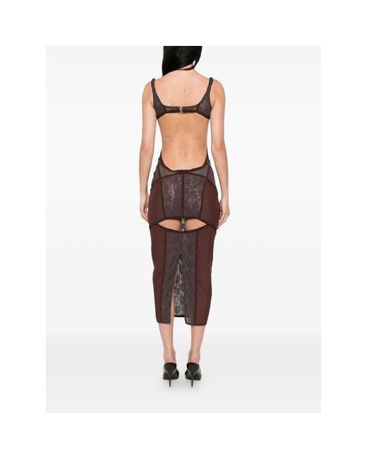 The Attico Brown Lace-Panelled Midi Dress