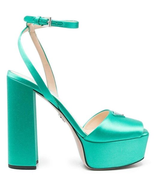 Prada Green Logo-plaque Satin Platform Sandals