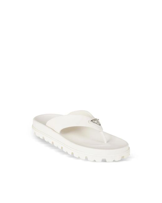 Prada White Logo-Plaque Flip Flops