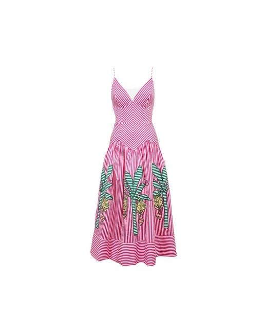 Farm Rio Pink Palm Tree-Embroidered Striped Midi Dress