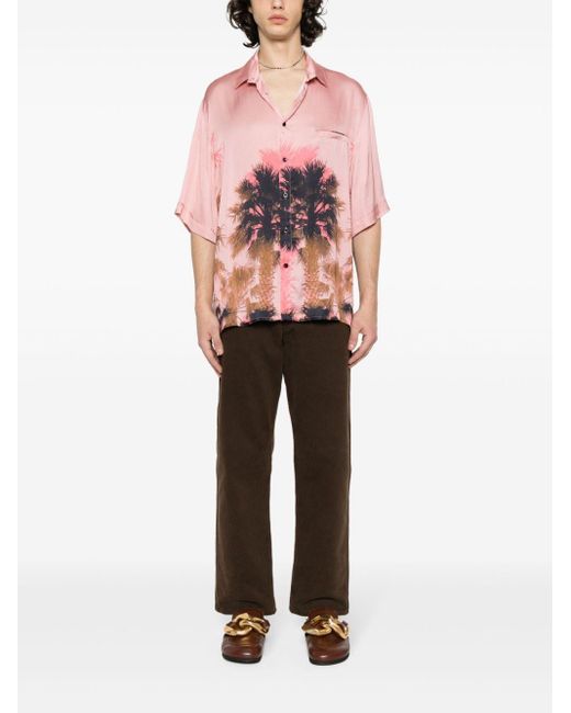 Laneus Pink Palm Tree-Print Satin Shirt for men