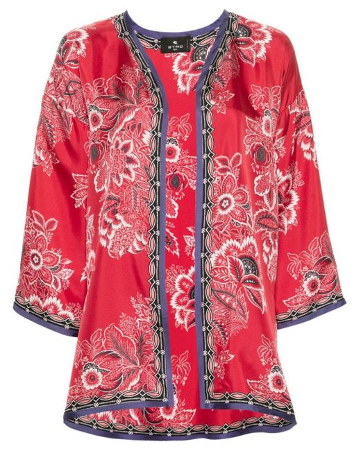 Etro Red Floral-Print Silk Jacket