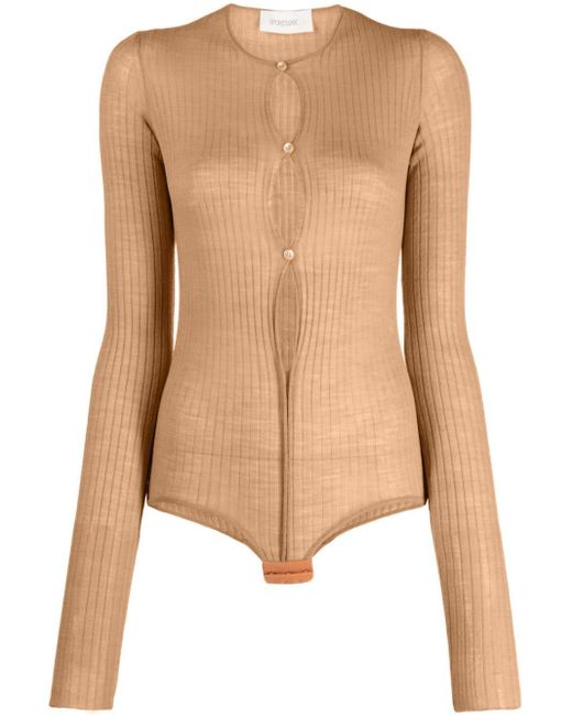 Sportmax Natural Ribbed-Knit Button-Up Bodysuit