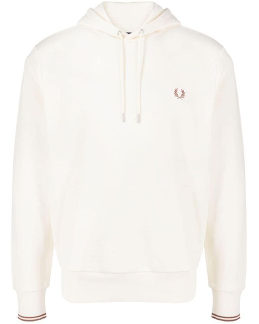 Fred Perry White Logo-Embroidered Drawstring Hoodie for men