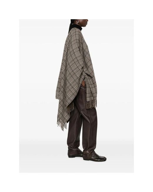 Brunello Cucinelli Gray Check-Pattern Fringed Poncho