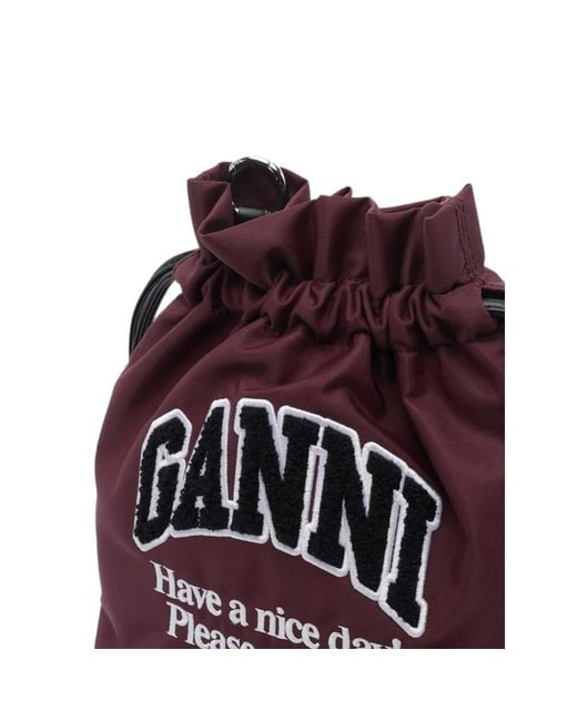 Ganni Red Logo-Patch Drawstring Bucket Bag