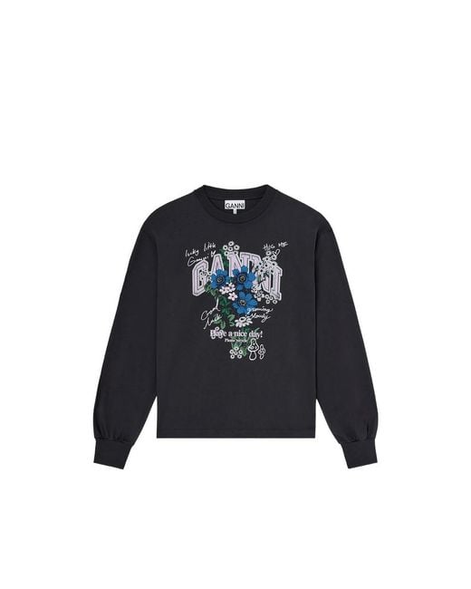 Ganni Blue Floral-Print Long-Sleeve T-Shirt