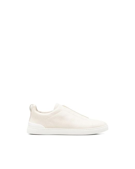 Zegna White Triple Stitch Grained Leather Sneakers for men