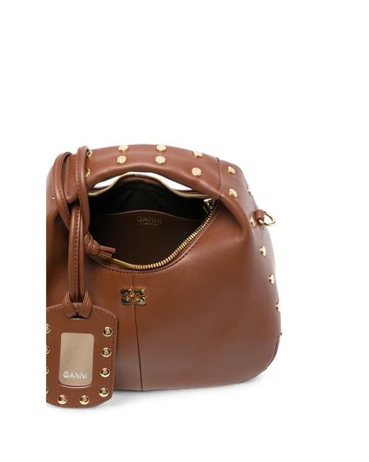 Ganni Brown Mini Hobo Stud-Embellished Totebag