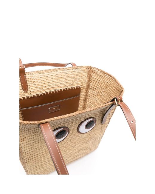 Anya Hindmarch Natural Raffia Leather Tote Bag With Eye Patch Motif