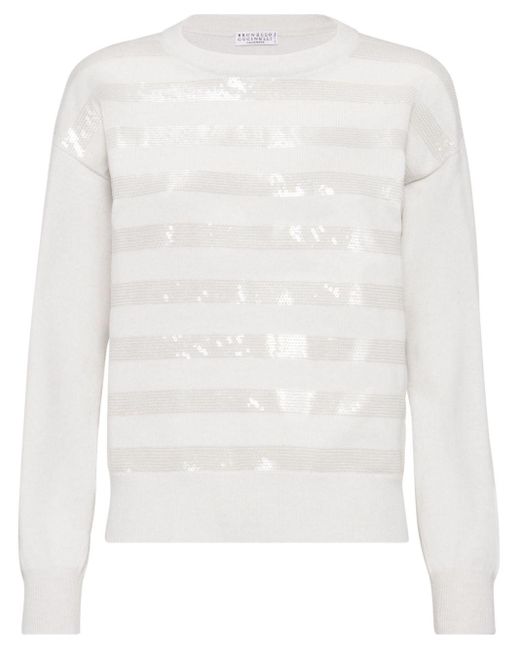 Brunello Cucinelli White Dazzling Striped Embroidered Cashmere Sweater