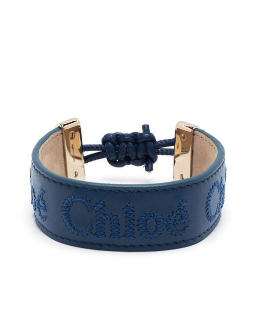 Chloé Blue Embroidered-Logo Leather Bracelet