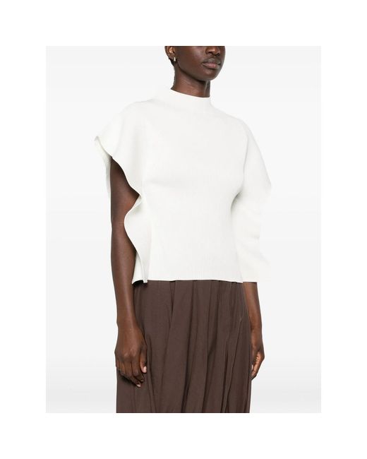 CFCL White Portrait Ruffled-Sleeve Ribbed Top