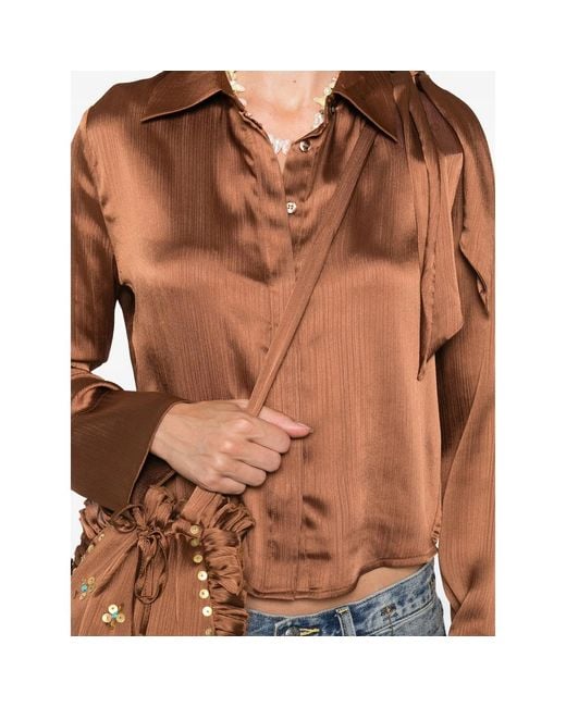 Siedres Brown Pointed-Collar Buttoned Blouse