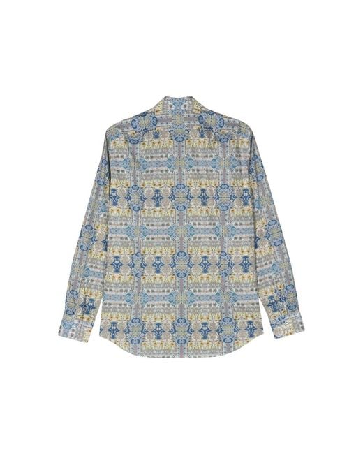 Mazzarelli Blue Floral-Print Cotton Shirt for men
