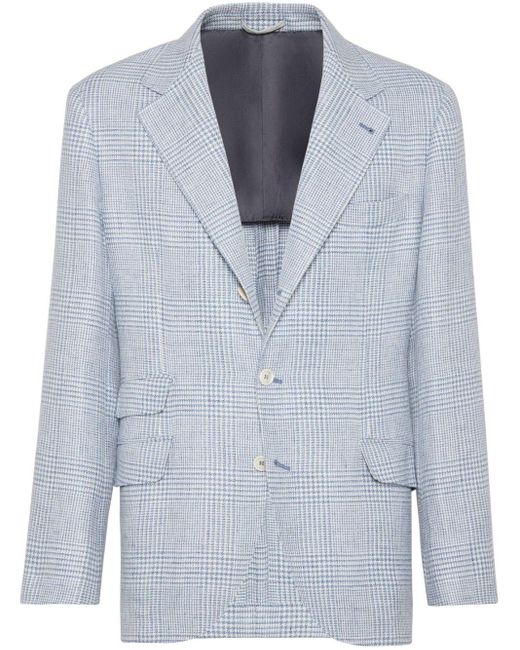 Brunello Cucinelli Blue Check-Pattern Linen Blazer for men