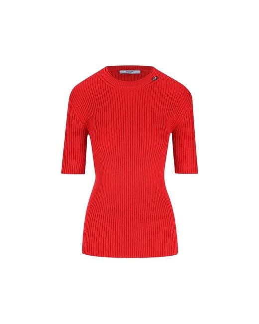 Prada Red Ribbed-Knit Short-Sleeve Sweater