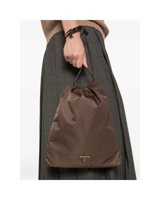 Prada Brown Logo-Plaque Drawstring Tote Bag