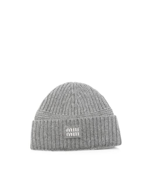 Miu Miu Gray Logo-Patch Ribbed-Knit Wool Beanie