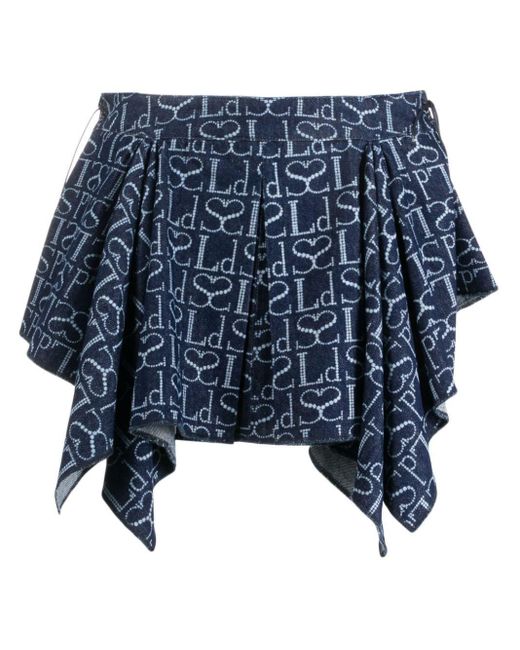 Ludovic de Saint Sernin Blue Monogram-Pattern Asymmetric Miniskirt