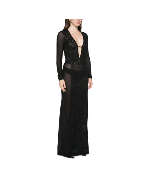 Elisabetta Franchi Black Lace-Panelled Long-Sleeve Maxi Dress