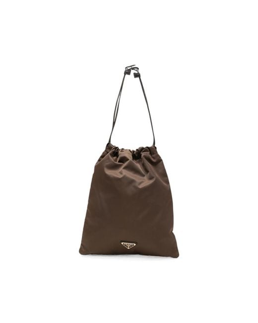 Prada Brown Logo-Plaque Drawstring Tote Bag