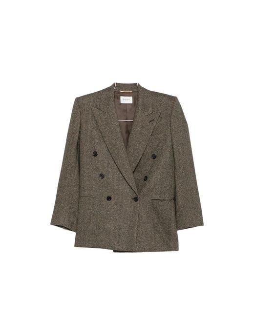 Saint Laurent Brown Herringbone-Pattern Double-Breasted Blazer