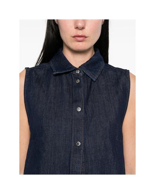 7 For All Mankind Blue Sleeveless Snap-Button Shirt