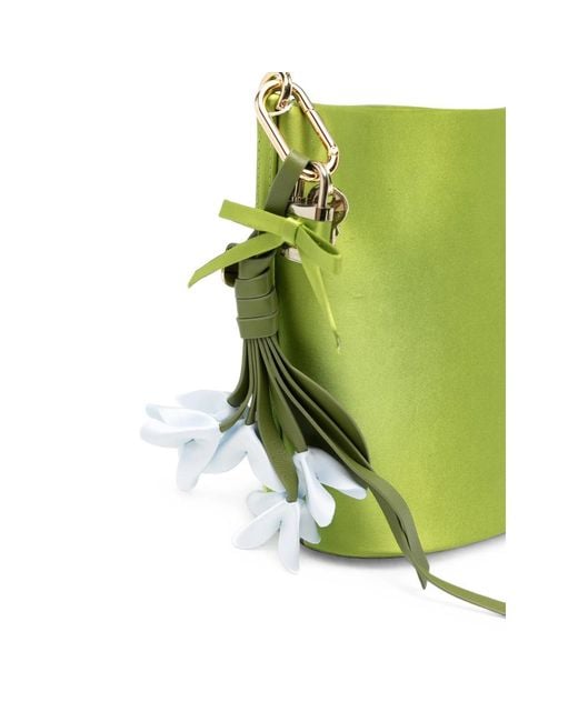 Self-Portrait Green Floral-Charm Satin Bucket Bag