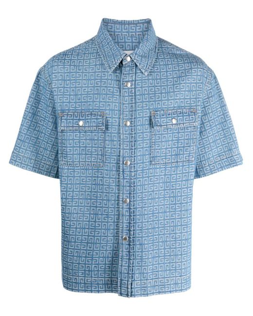 Givenchy Blue 4G-Jacquard Short-Sleeve Denim Shirt for men