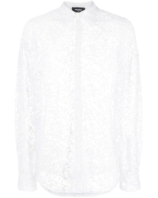 DSquared² White Floral-Embroidered Tulle Shirt for men