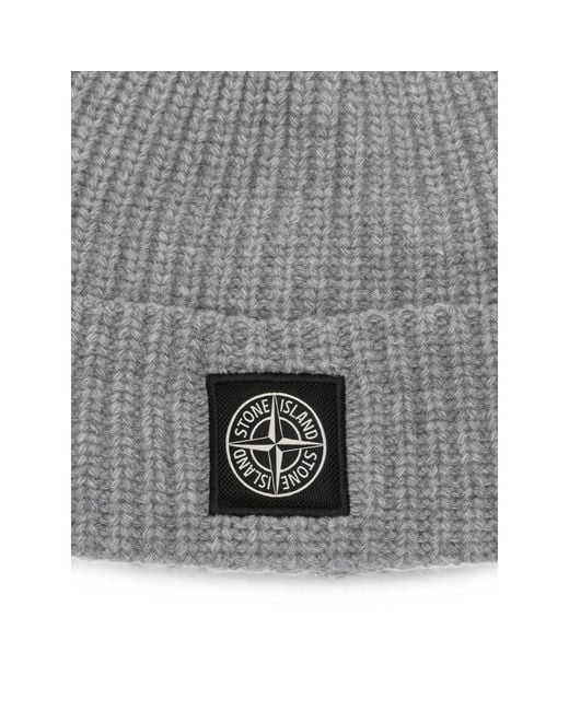 Stone Island Gray Logo-Patch Ribbed-Knit Beanie Hat for men