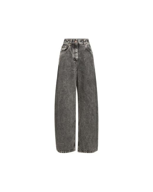 Brunello Cucinelli Gray Prince Of Wales Denim Wide Trousers With Monili
