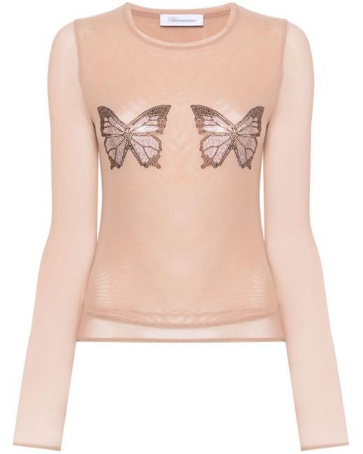 Blumarine Pink Crystal-Butterfly Tulle T-Shirt
