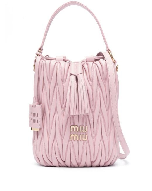Miu Miu Pink Logo-lettering Matelassé Leather Bucket Bag