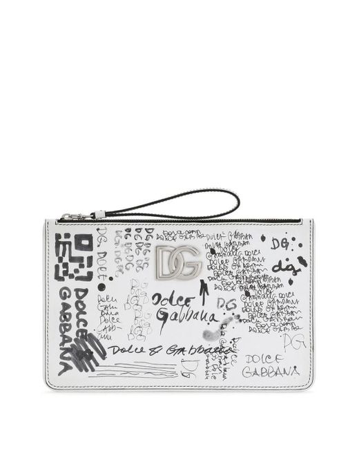 Dolce & Gabbana White Graffiti-print Leather Clutch Bag