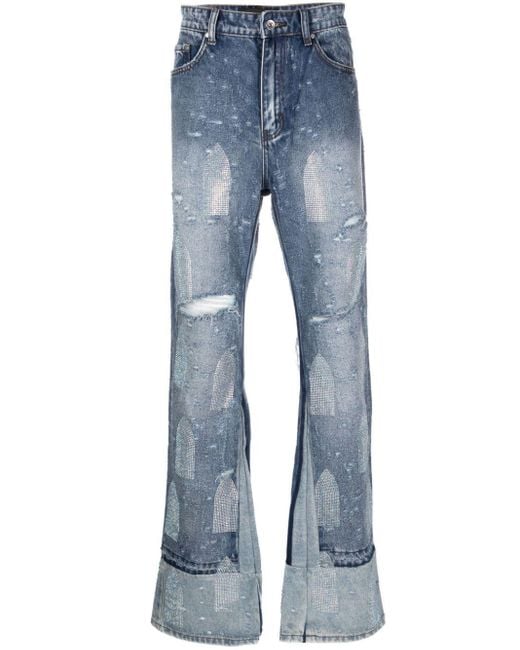 Who Decides War Blue Rhinestoned Distressed Straight-Leg Jeans for men