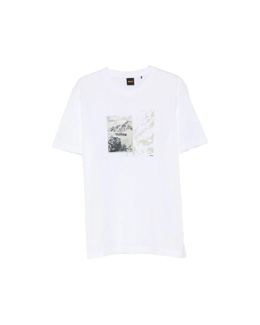 Boss White Graphic-Print T-Shirt for men